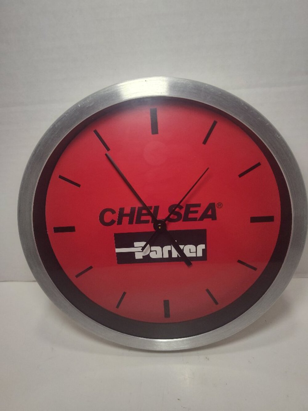 Chelsea Parker Red Advertising Wall Clock 10" Vintage Style Works Hard to Find